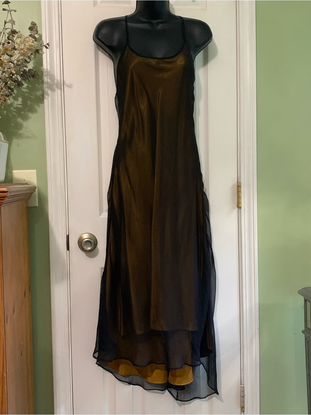 Vintage 90s Victoria’s Secret Satin Mustard Slip Dress Gown Black Sheer Overlay